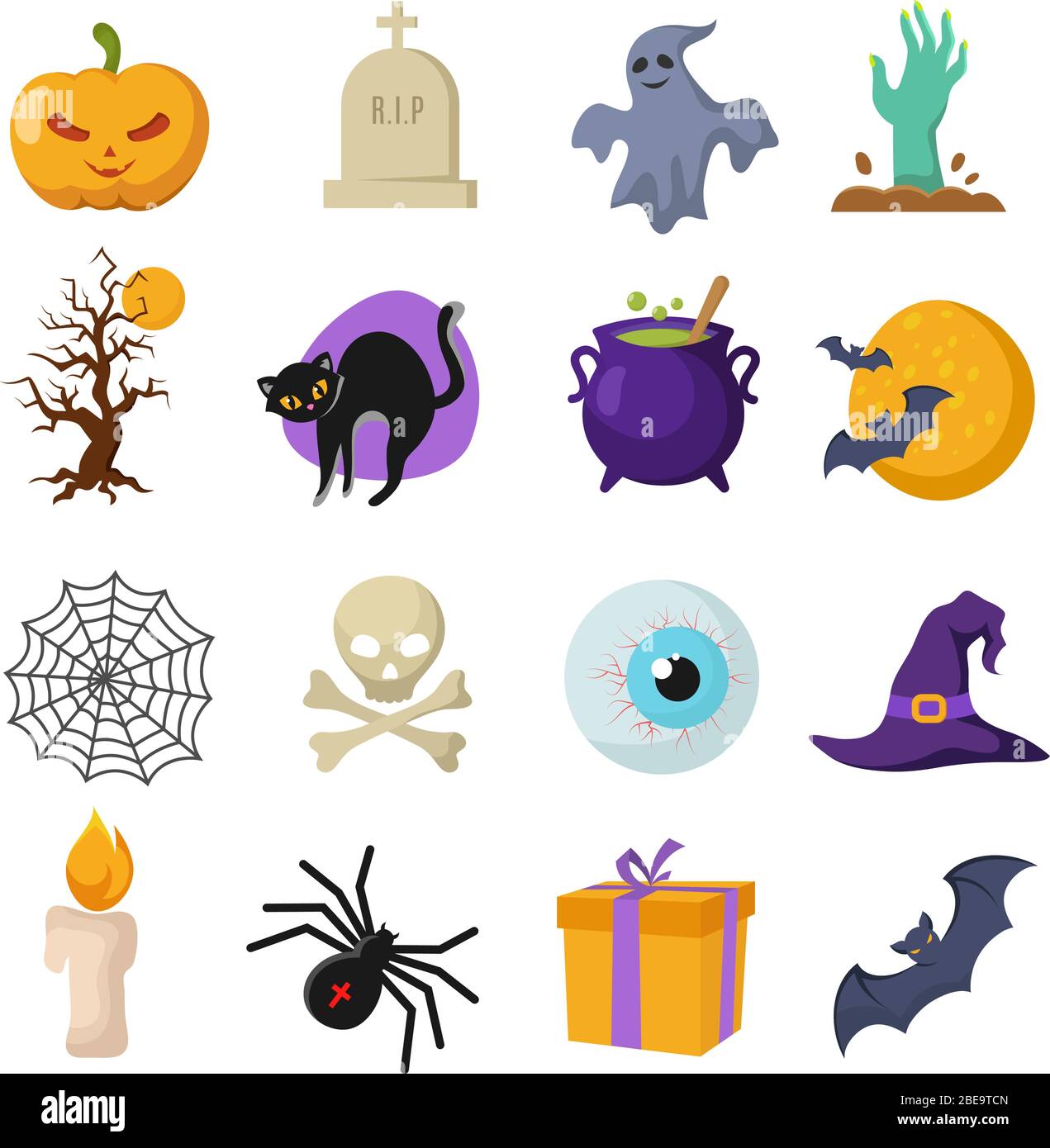 Halloween Cartoon Vektor niedliche Charaktere. Geister und Hexen Hut, Kürbis und Fledermaus Symbole Stock Vektor