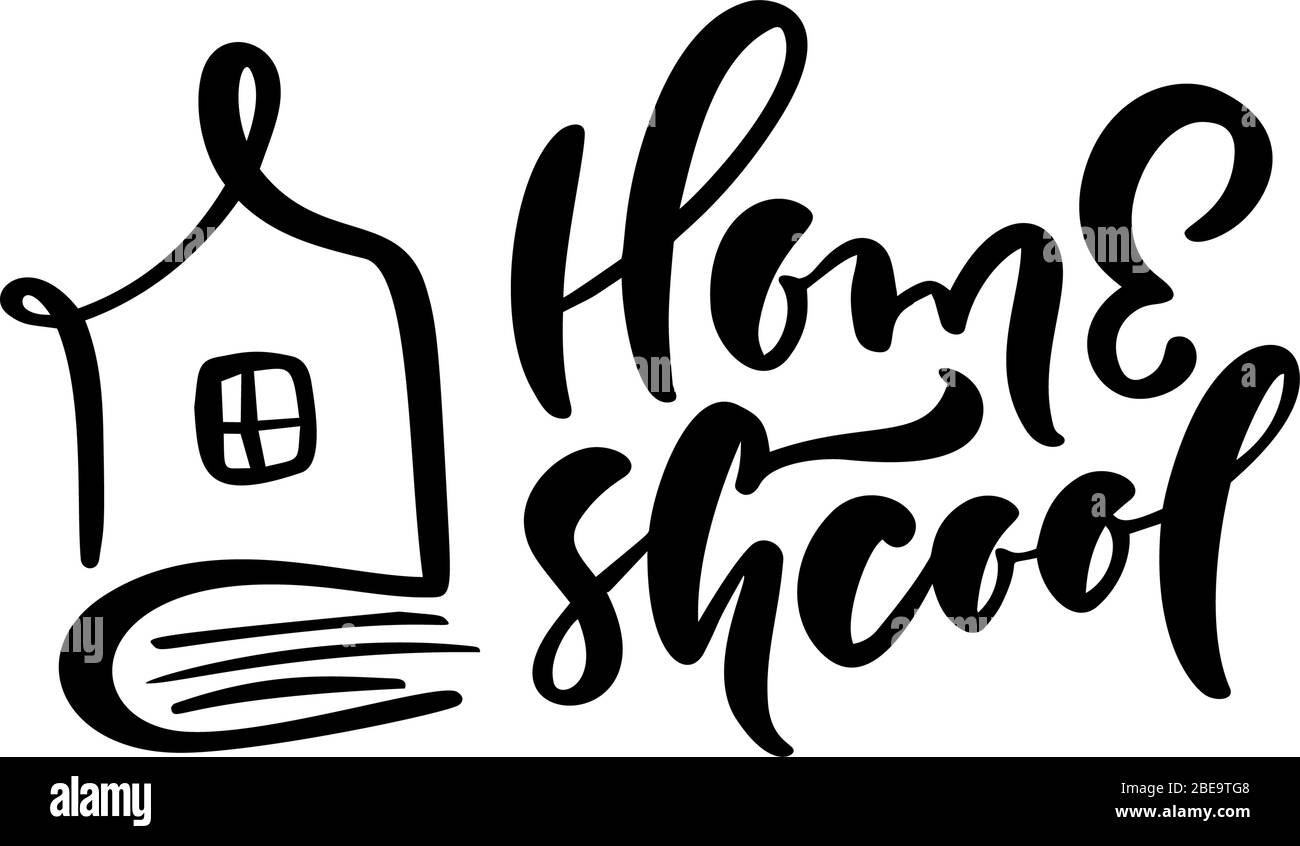 Konzept des Schullogo für zu Hause. Vector Home School Kalligraphie Schrift Text und Haus-Symbol. Für das Studium zu Hause online. Abbildung Emblem von Stock Vektor