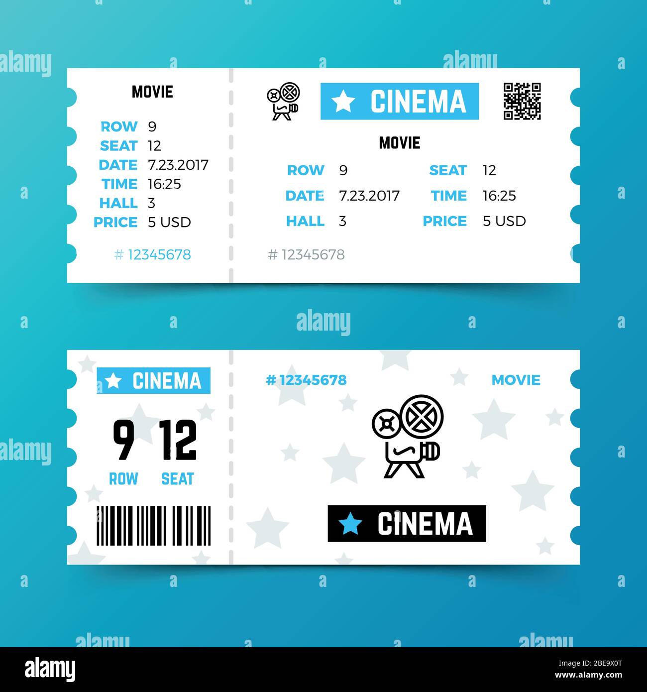 Kinokarte Vektor Vorlage im modernen minimalistischen Stil. Design der Eintrittskarte für Kinofilm, Unterhaltung Eingang Illustration Stock Vektor