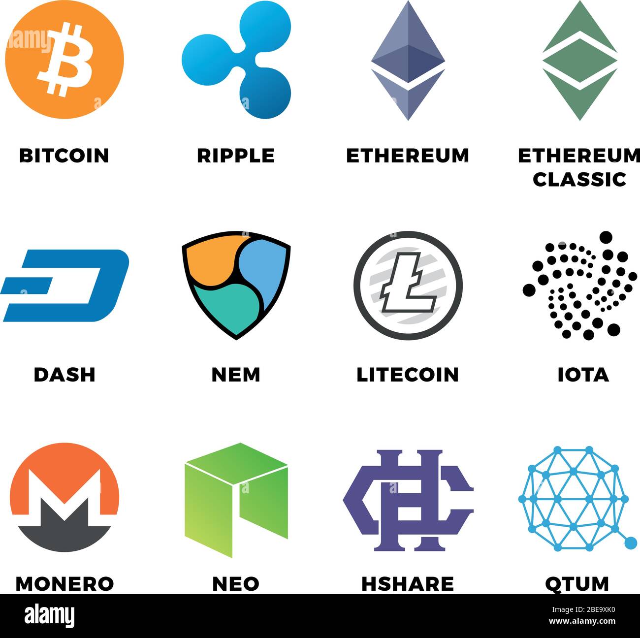 Bitcoin für Kryptowährungen, litecoin ethereum Vektor flache Symbole. Bitcoin und ethereum, Litecoin und digitale Finanzgelddarstellung Stock Vektor