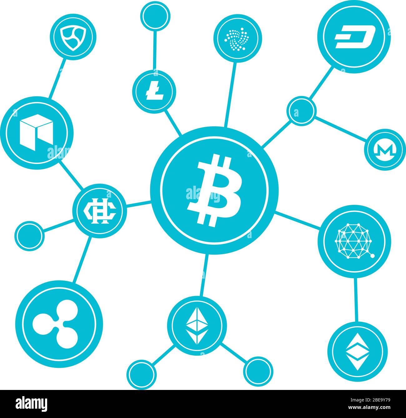 Blockchain-Blöcke mit Kryptowährungssymbolen. Internet Geld btc Markt Vektor-Konzept. Bitcoin digitale Währung, Geld virtuelle Kryptographie Illustration Stock Vektor