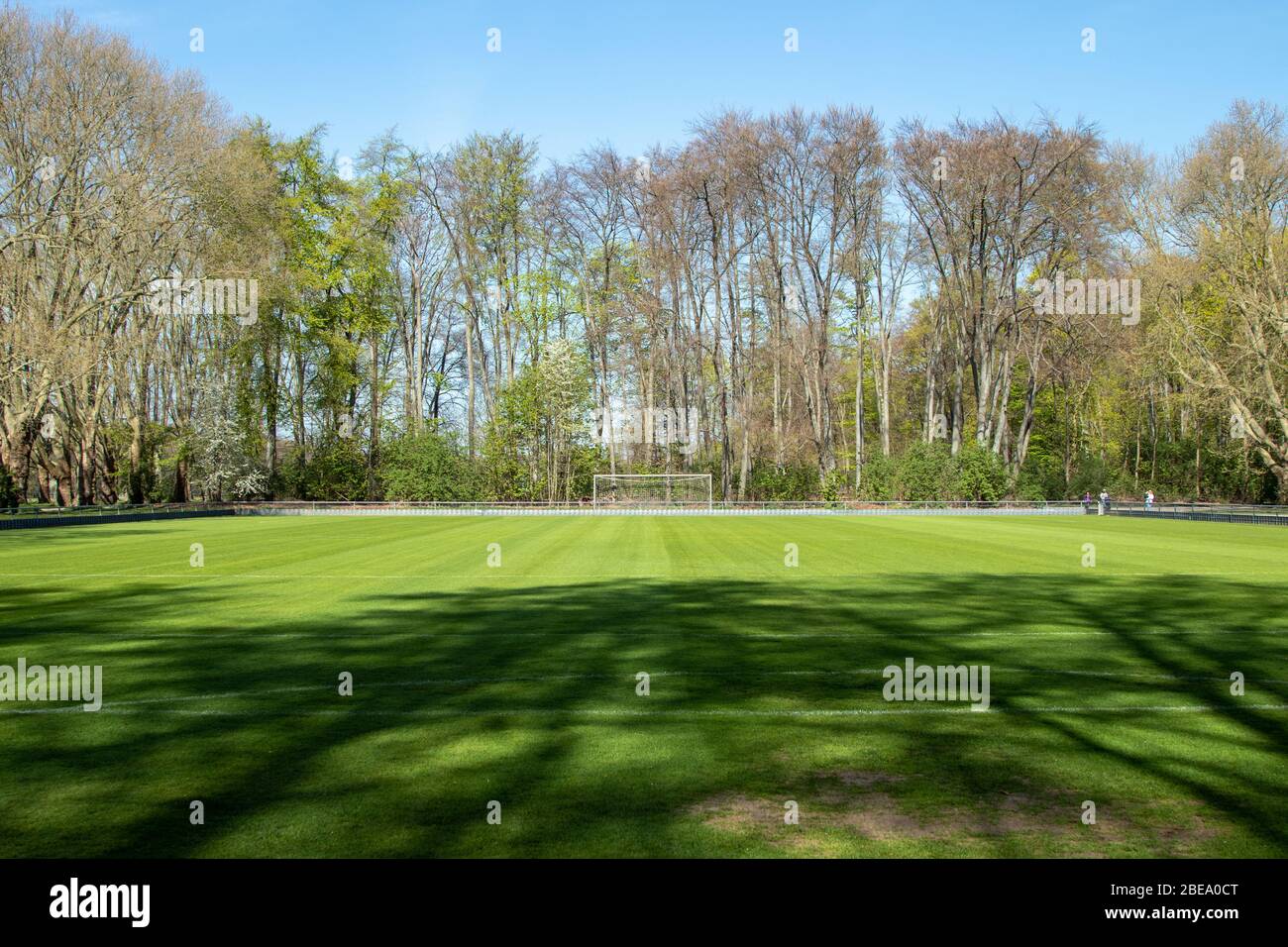 Leeres Fußballtrainingsstatum, grün im Sonnenlicht, kein Training oder spielende Menschen Stockfoto