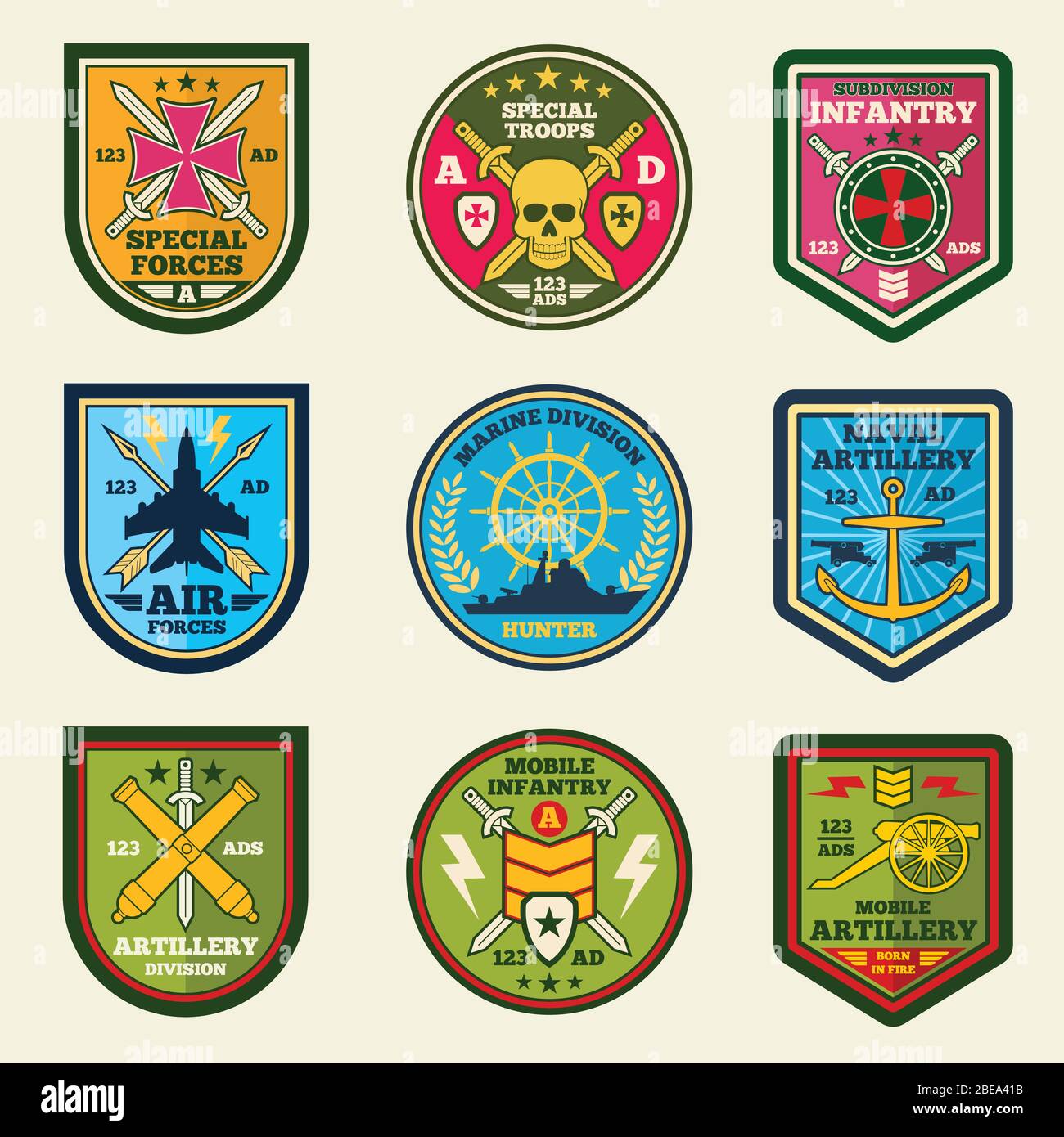 Militärische Patches Vektor-Set. Embleme und Etiketten der Armee. Militärische Abzeichen und Armee Emblem Illustration Stock Vektor