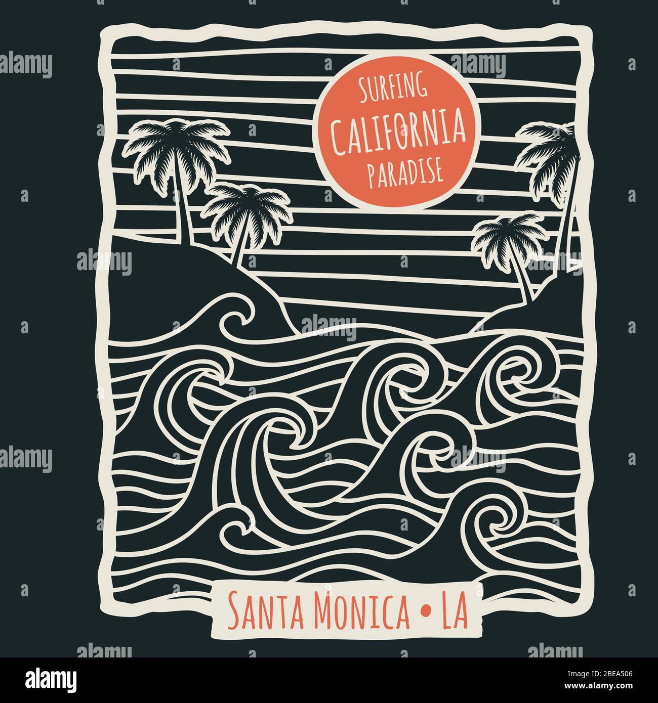 Retro california Sommer Strand Surf Vektor T-Shirt Vektor Design mit Palmen und Meereswellen. Surfen Strand Vintage Illustration Stock Vektor