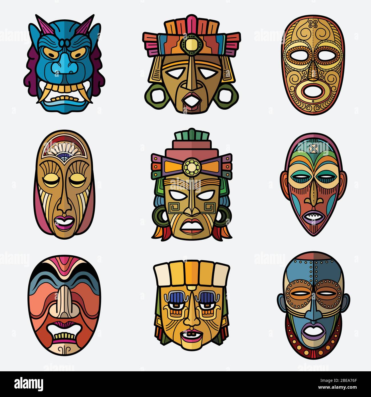 Afrikanische Handwerk Voodoo Stammes-Maske und inka südamerikanischen Kultur Totem Symbole Vektor-Set. Afrikanische Maske Souvenir, Voodoo traditionelle Gesichtsillustrierung Stock Vektor
