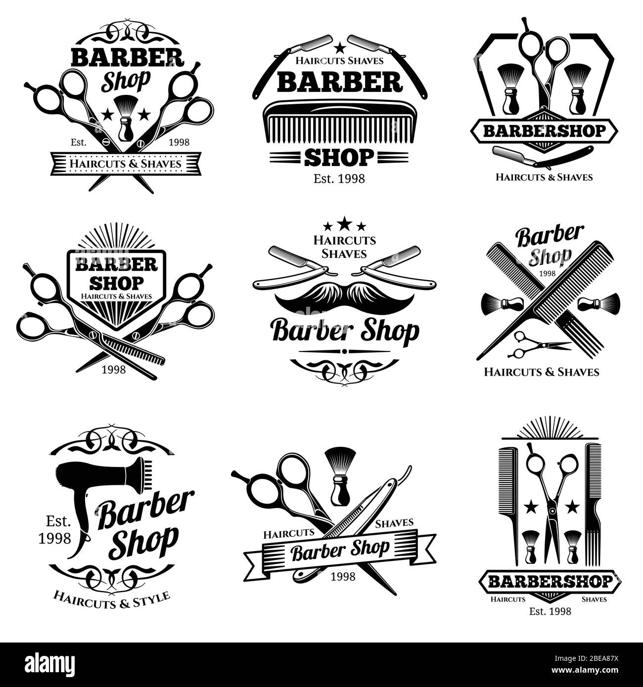 Vintage Barbershop Vektor Embleme und Etiketten. Abzeichen und Logos für Friseure. Barbershop Logo und Barbershop Vintage Label und Abzeichen Illustration Stock Vektor