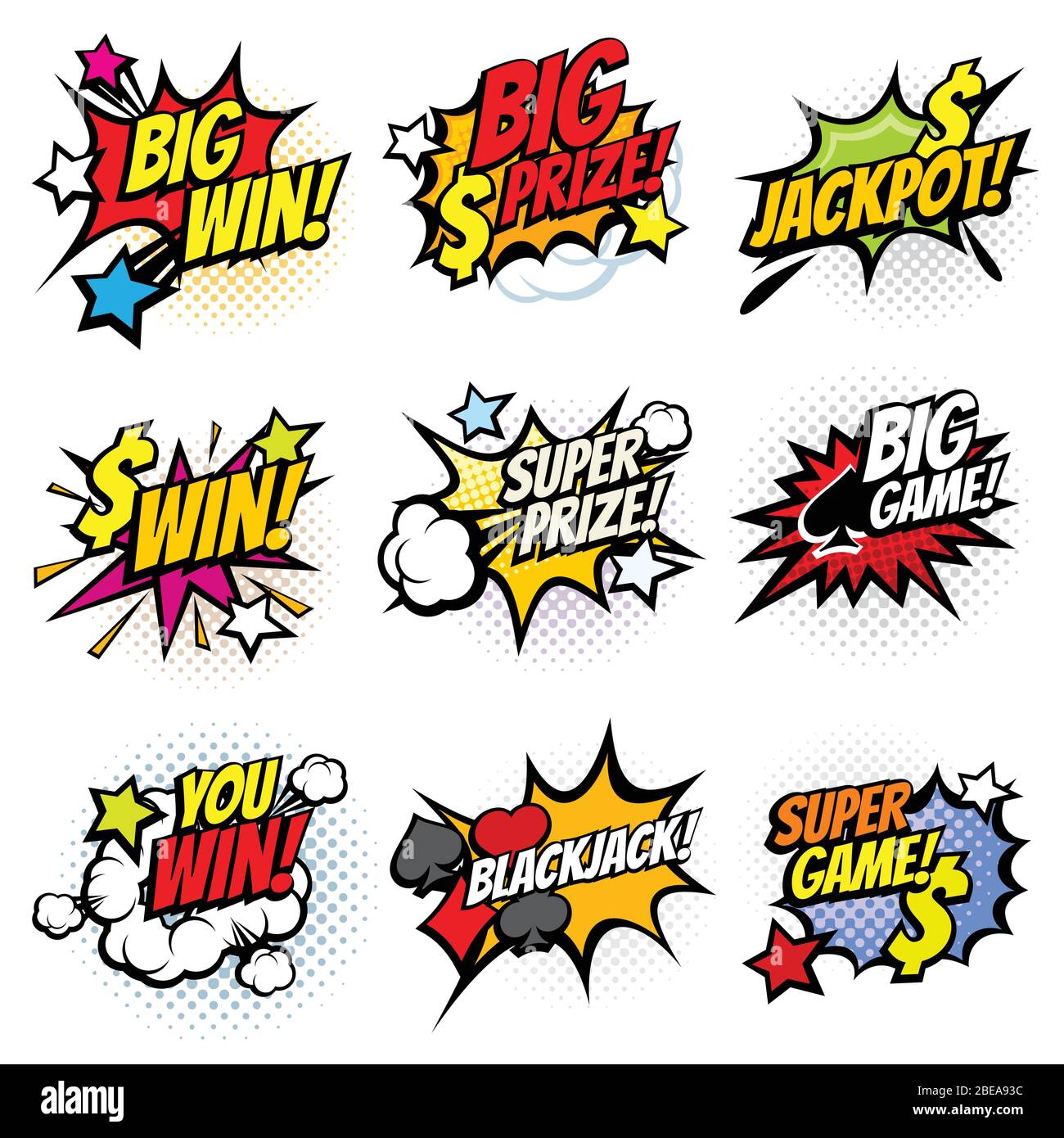 Vintage Pop Art Comic-Blasen mit Glücksspiel gewinnen Wörter Vektor-Set. Gewinnen Sie Preis und Jackpot in Spiel Illustration Stock Vektor