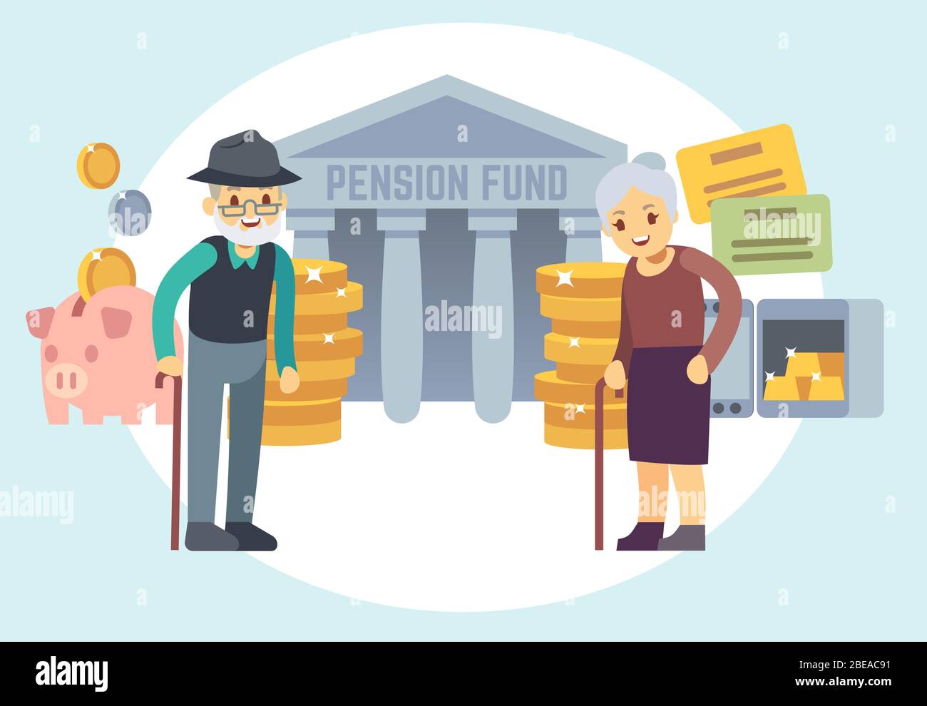 Glückliche ältere Leute, die Rentengeld sparen. Zeichen für Altersvorsorge und persönliche Finanzprogramm Vektor-Konzept. Pensionsdienst, Altersvorsorge Investitionsdarstellung Stock Vektor