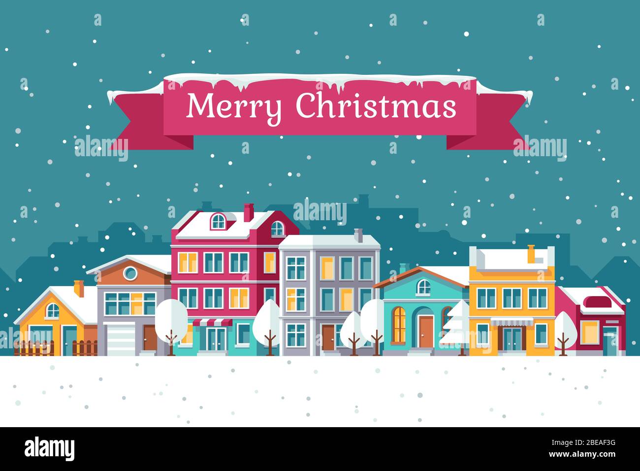 Weihnachten Urlaub Vektor Grußkarte mit Winter Stadtbild im Schnee. Weihnachten Stadthaus, Stadtbild Winter Illustration Stock Vektor