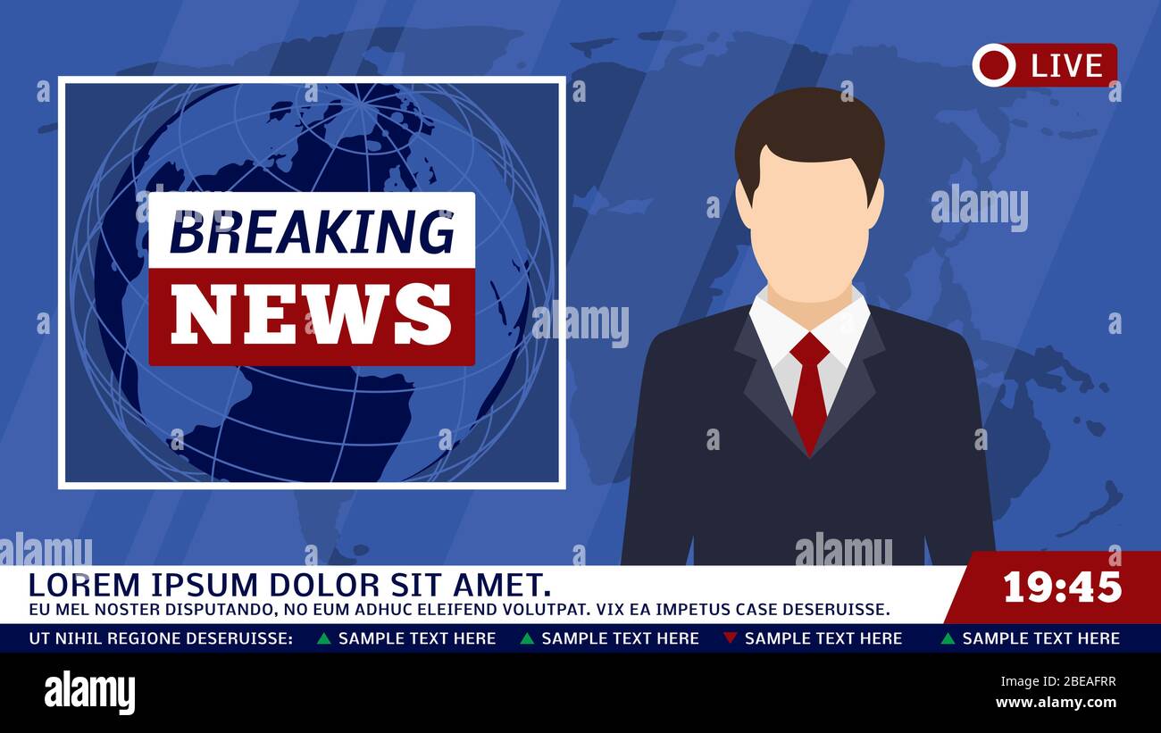 TV-News Studio mit Sender und Brechen der Welt Hintergrund Vector Illustration. Das Brechen von von Nachrichten im Fernsehen, Rundfunk- und Journalist Stock Vektor