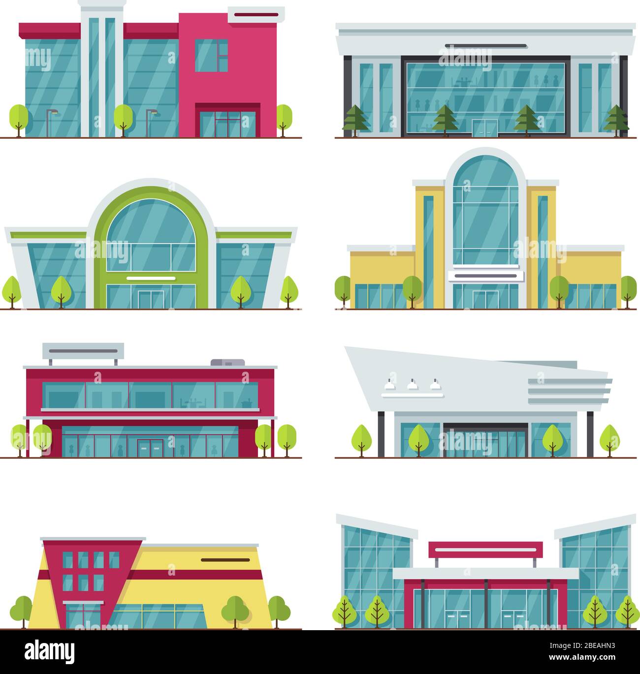 Moderne Einkaufszentren und Geschäftsgebäude Vektorikonen. Farbe Shop Markt, Stadt Supermarkt Architektur Illustration Stock Vektor