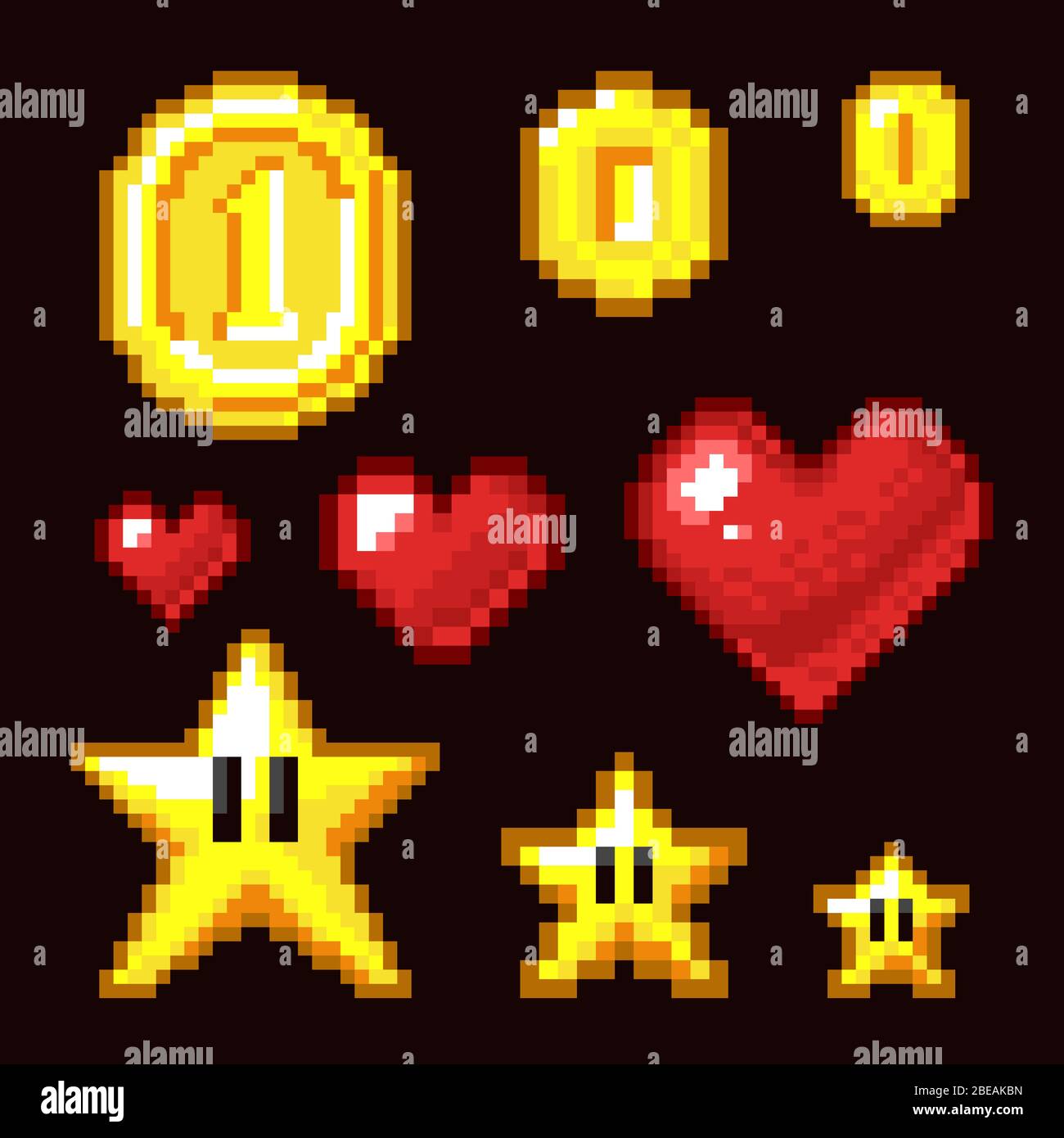 Videospiel 8-Bit-Assets isoliert. Münze, Stern und Herz Pixel Retro-Icons in verschiedenen Größen. Herz und Stern, Münze Pixel Spiel Illustration Stock Vektor