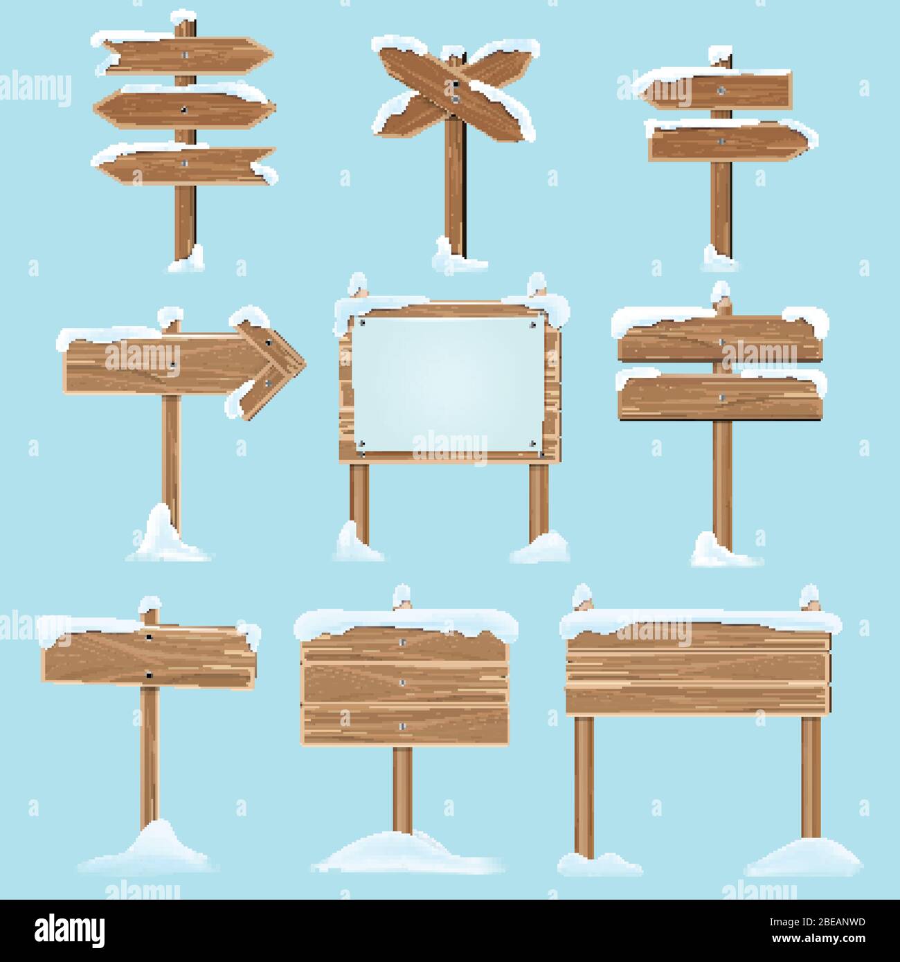 Cartoon Holzschilder mit Schnee. Weihnachten Winter Urlaub Vektor-Elemente. Holzbanner, Wegweiser und Wegweiser Illustration Stock Vektor