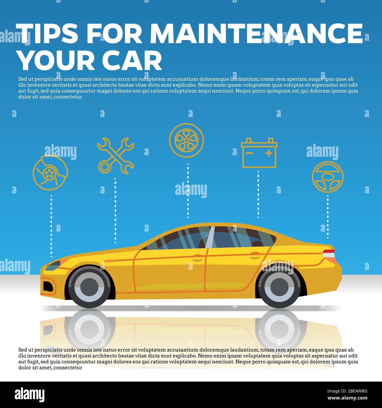 Auto Wartung Tipps Vektor-Illustration. Gelbe Auto- und Liniensymbole auf blauem Hintergrund mit Reflektion. Service und Reparatur Automobilzentrum Stock Vektor