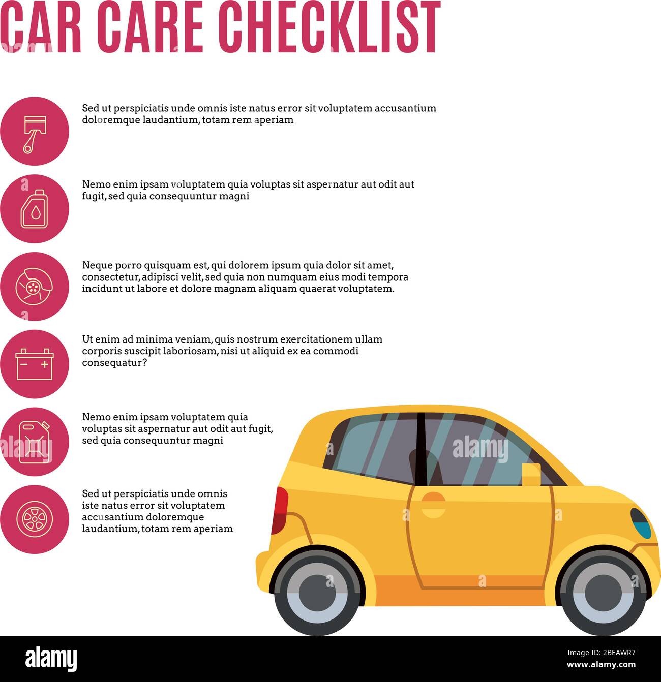 Checkliste für die Fahrzeugpflege. Gelbe Auto- und Liniensymbole. Vektorgrafik Stock Vektor