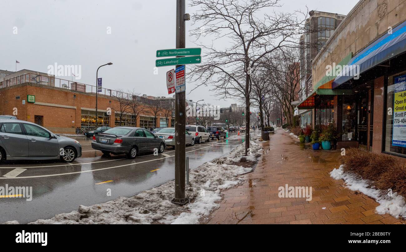 Snowy Day Downtown Evanston Illinois Stockfoto