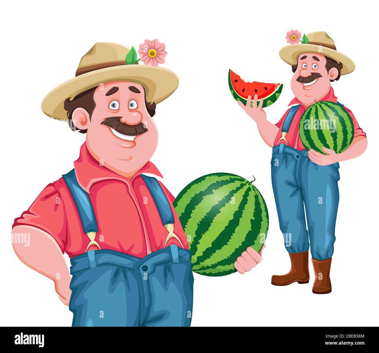 Farmer Cartoon-Charakter. Fröhlicher Bauer mit großer Wassermelone, Satz von zwei Posen. Stock-Vektor Stock Vektor