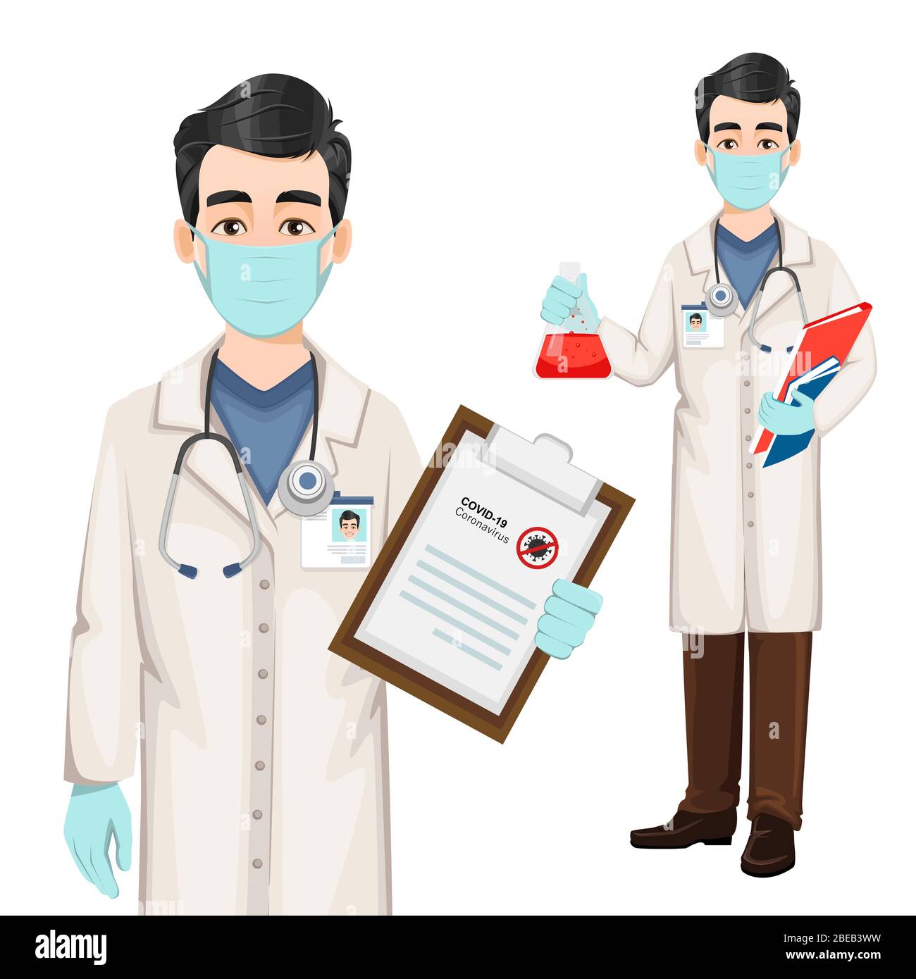 Arzt, der während des Coronavirus-Ausbruchs im Krankenhaus Covid-19, Satz von zwei Posen arbeitet. Arzt Cartoon Charakter. Vektorgrafik Stock Vektor