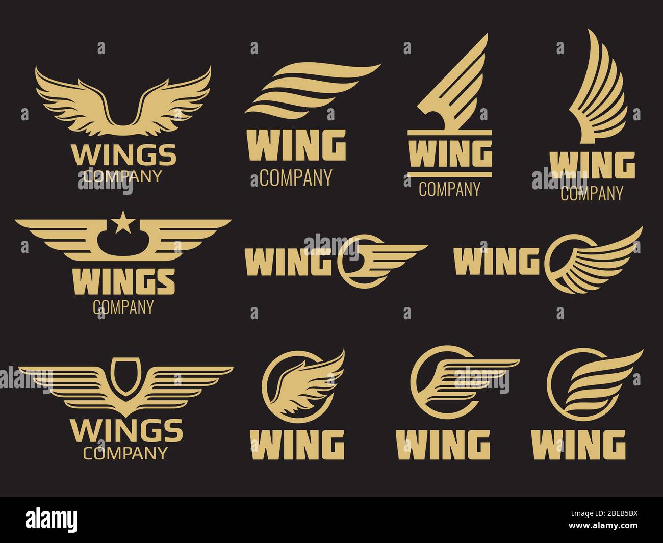Wings Logo Kollektion - goldene Auto Wings Logo Vorlage. Golden Wing Logo Firma, Emblem geflügelten Etikett, Vektor-Illustration Stock Vektor
