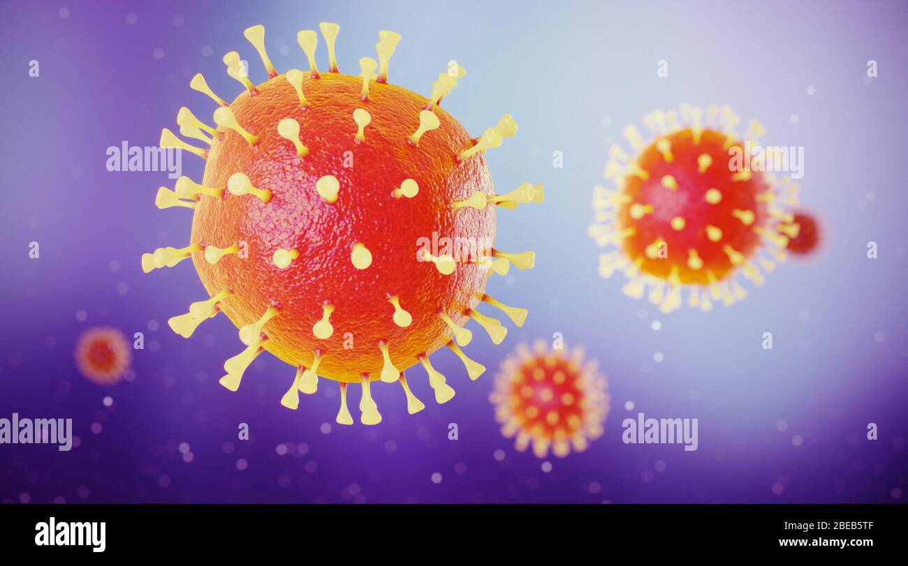 Dramatische farbige Nahaufnahme von sars-Cov-2 Zellen Stockfoto