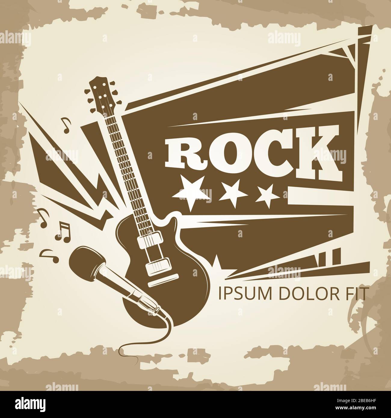 Rock Musik Vintage Emblem Design. Grunge Banner für Rock-Event. Vektorgrafik Stock Vektor