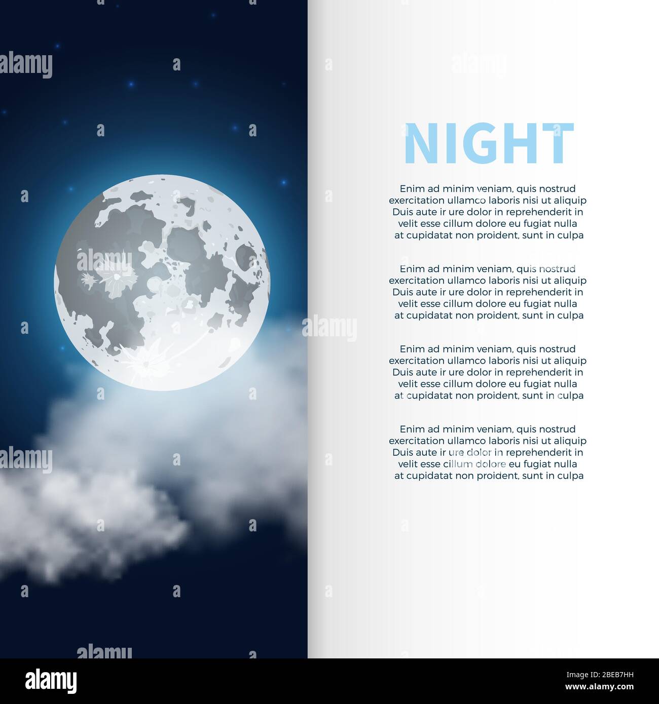 Nachtbanner und Poster mit Mond in den Wolken. Vektorgrafik Stock Vektor