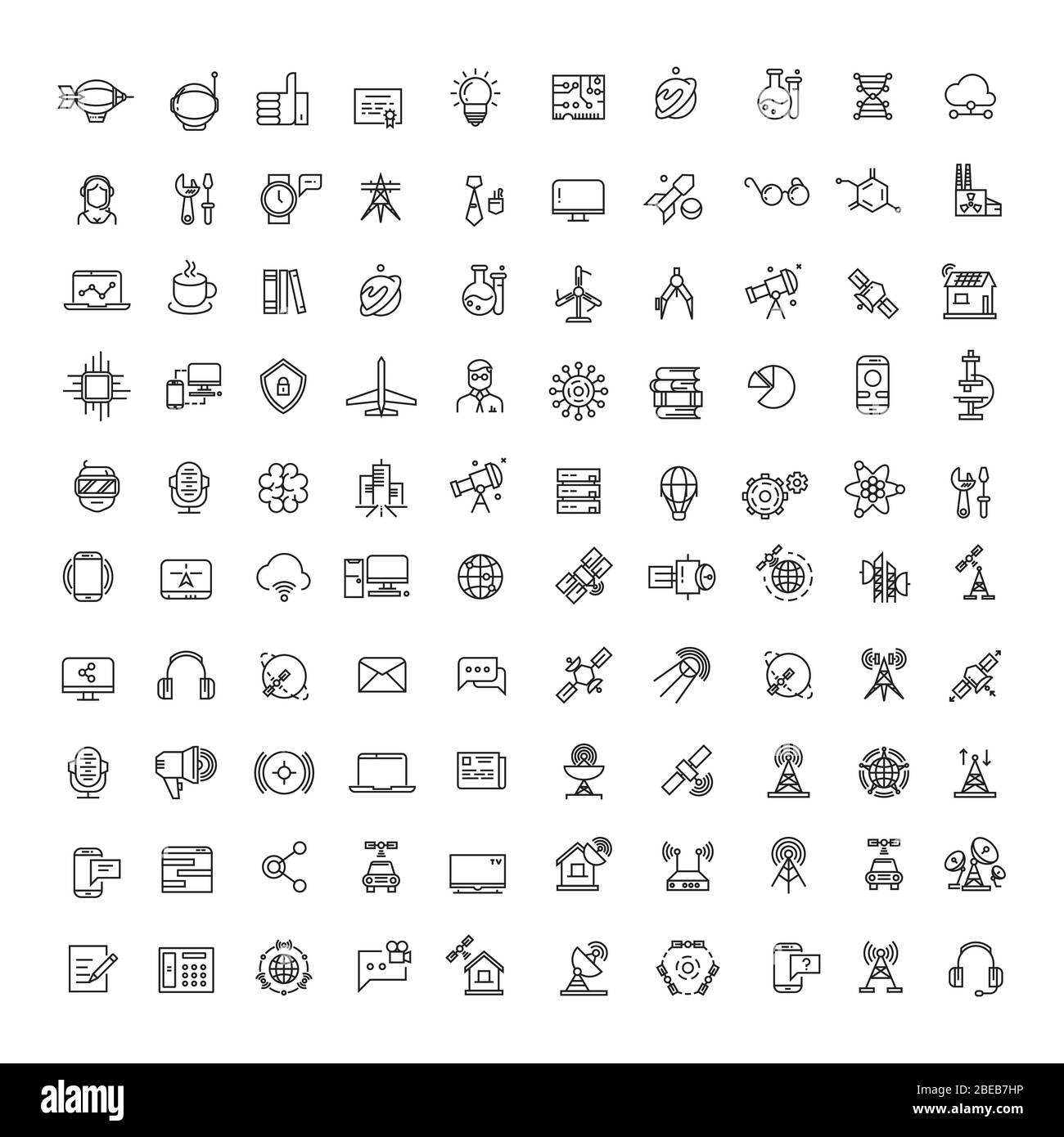 Büro, Wissenschaft, Technologien, Raum und Kommunikation Line Icons Set. Sammlung von Technologie und Wissenschaft Kommunikation Symbole Illustration Stock Vektor
