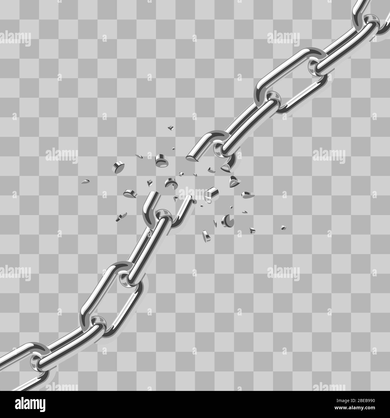 Realistische gebrochene Stahlkette verbindet Freiheit isoliert auf transparentem Hintergrund. Verbindung Stahl brechen und zerstören, metallischen Bruch. Vektorgrafik Stock Vektor