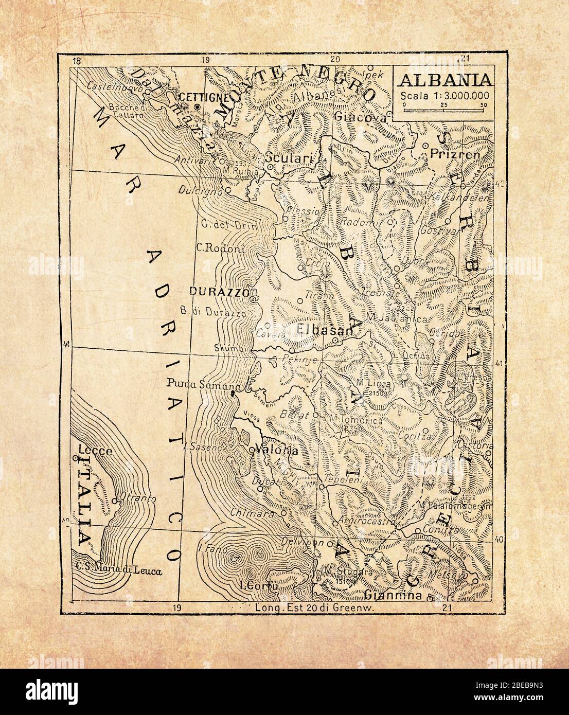 Alte Karte von Albanien Land in Südosteuropa an der Adria und Ionisches Meer mit geografischen italienischen Namen und Beschreibungen Stockfoto