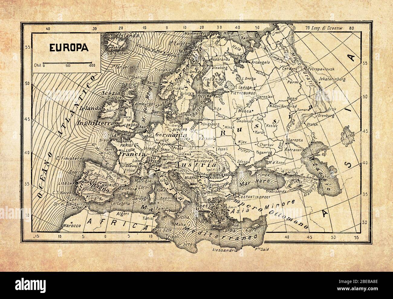 Alte Karte von Europa Kontinent und Länder, die im Norden vom Arktischen Ozean, dem Atlantischen Ozean und dem Mittelmeer mit geografischen italienischen Namen und Beschreibungen begrenzt sind Stockfoto