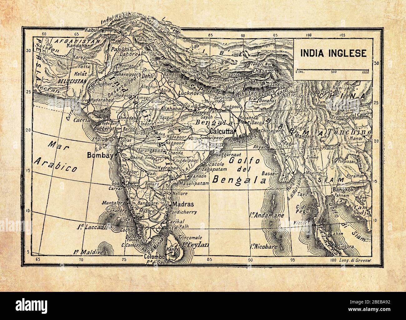 Alte Karte des Britischen Reiches in Indien oder British Raj auf dem indischen Subkontinent, gebildet von Indien, Pakistan und Bangladesch mit geographischen italienischen Namen und Beschreibungen Stockfoto