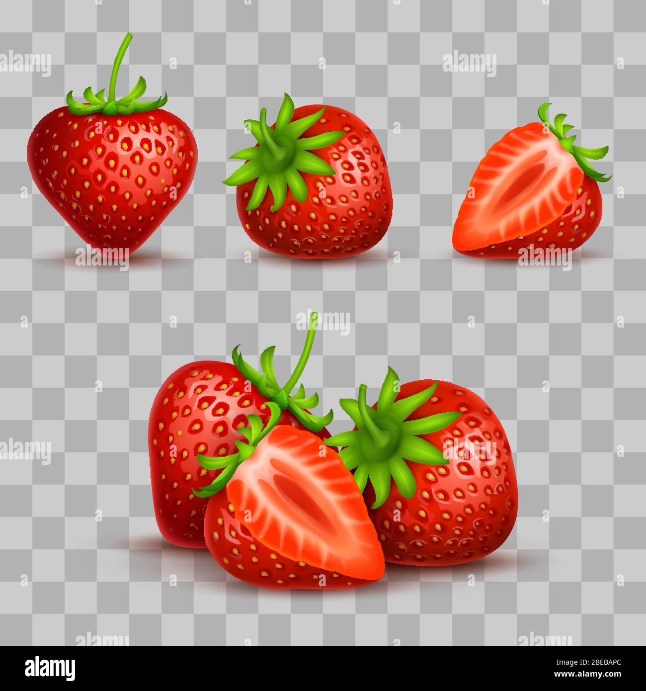 Vektor realistische süße und frische Erdbeere isoliert auf transparentem Hintergrund. Süße Erdbeerfrucht, Illustration von frischem saftigem Dessert Stock Vektor