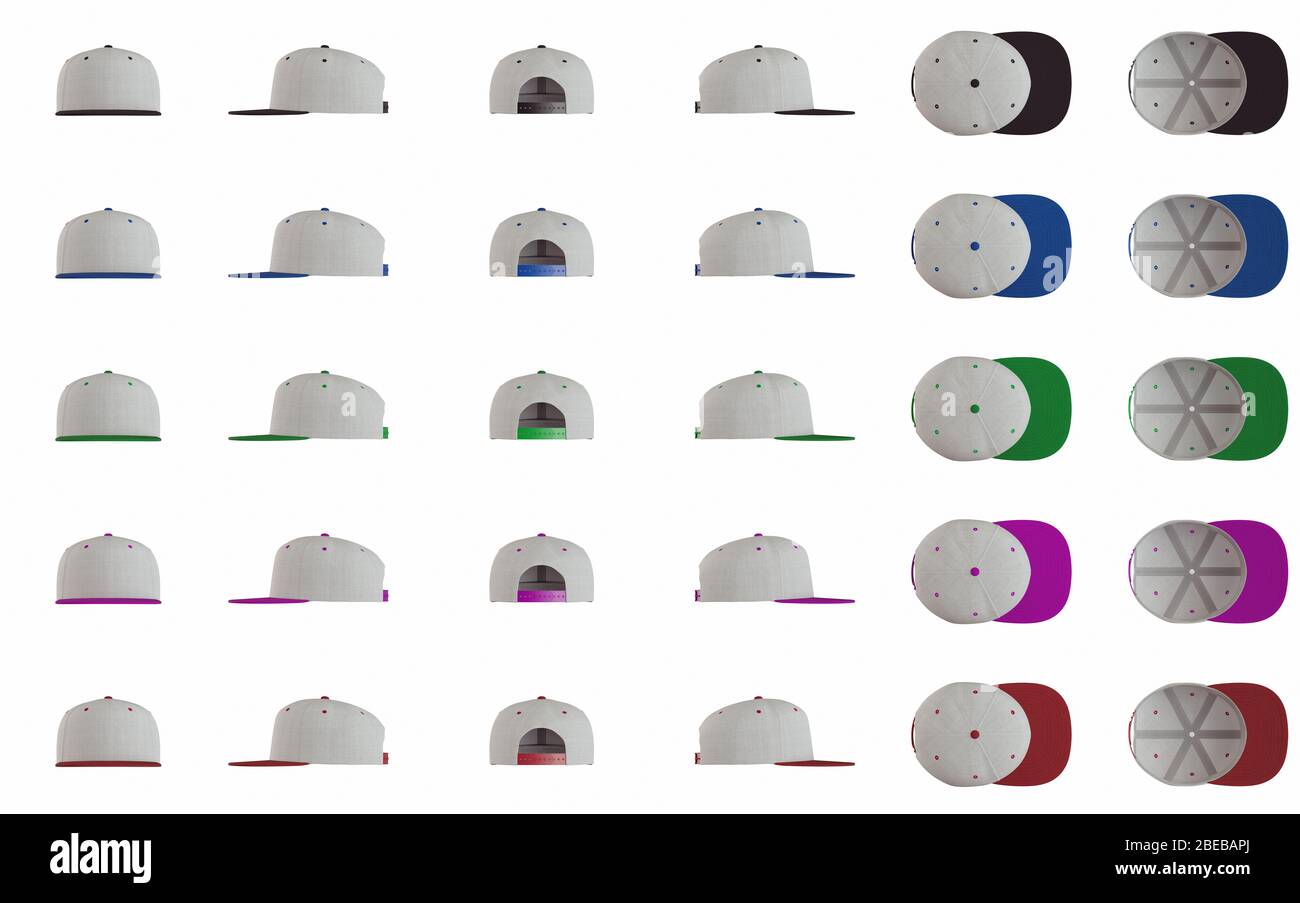 Eine Kollektion von Snap-back Base-Caps in verschiedenen Farben und Ausrichtung Stockfoto