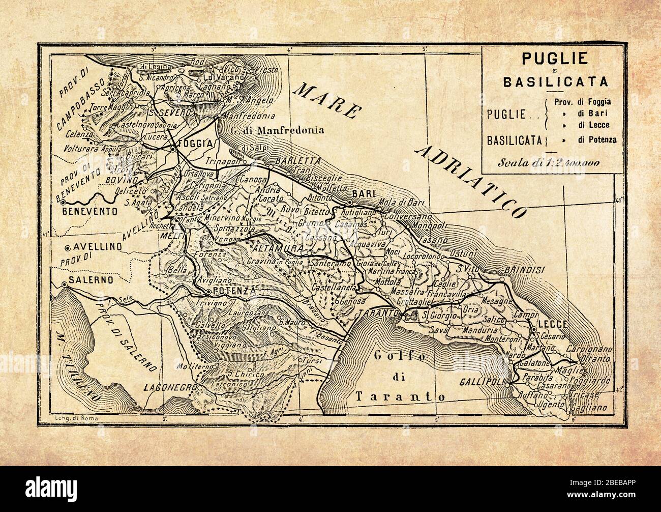 Alte Karte der Regionen Apulien und Basilikata im Süden Italiens mit Blick auf die Adria und das Jonische Meer mit geografischen italienischen Namen und Beschreibungen Stockfoto