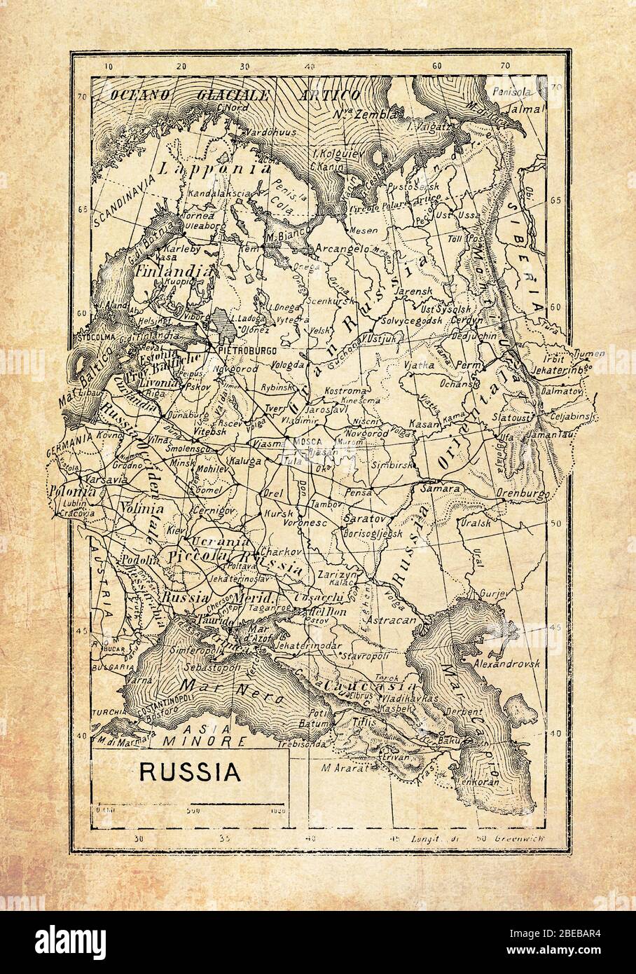 Alte Karte des europäischen Russlands, westlichen Teils der Russischen Föderation geographisch durch das Ural-Gebirge mit geografischen italienischen Namen und Beschreibungen getrennt Stockfoto Alte Karte des europäischen Russlands, westlichen Teils der Russischen Föderation geographisch durch das Ural-Gebirge mit geografischen italienischen Namen und Beschreibungen getrennt Stockfoto