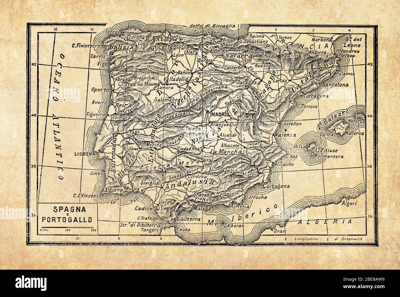 Alte Landkarten Spaniens Land auf der Iberischen Halbinsel im Südwesten Europas über die Straße von Gibraltar und Küsten am Atlantik und dem Mittelmeer, mit geographischen italienischen Namen und Beschreibungen Stockfoto