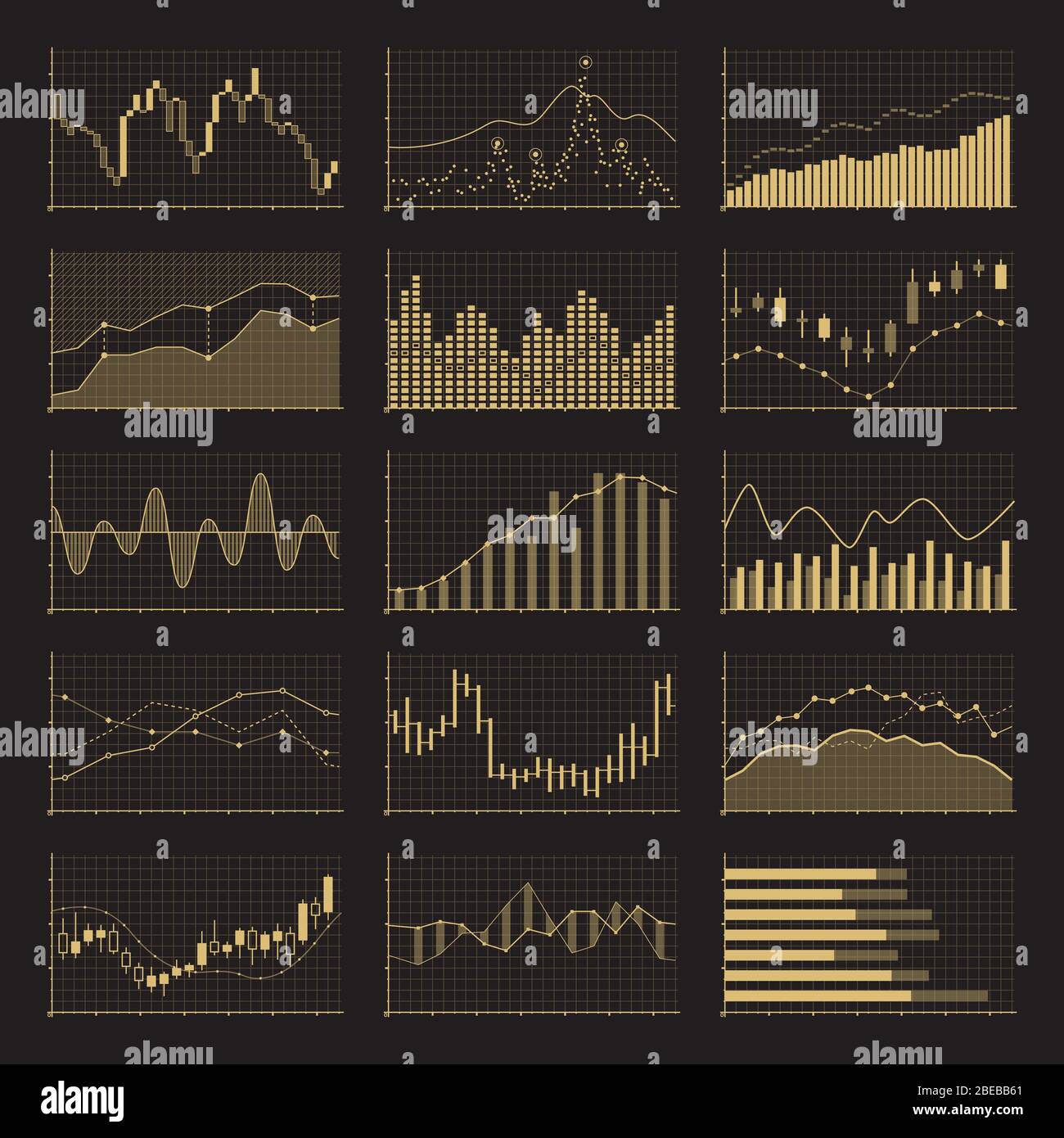 Finanzdiagramme für Geschäftsdaten. Aktienanalyse Grafikmarkt auf schwarzem Hintergrund. Vektorgrafik Stock Vektor