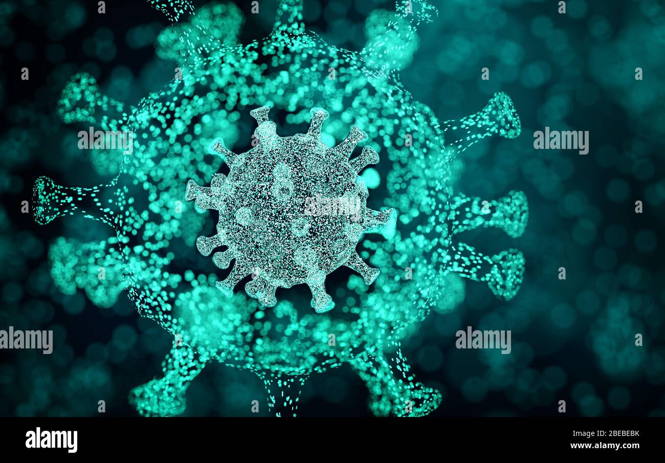 Ein technisches Virus - medizinische und Impfstoff Forschung Hintergrund aus glühenden Partikeln gemacht. 3D-Darstellung Stockfoto