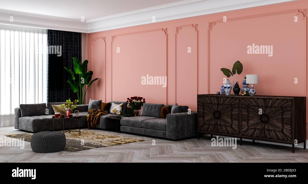 Moderne Innenausstattung aus einem Wohnzimmer in einer Wohnung, Haus, Büro, bequemes Sofa, frischen Blumen und einer hellen, modernen Interieur und Sunbeam Stockfoto