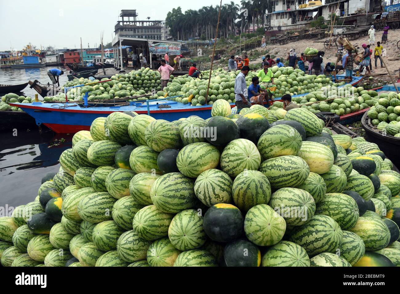 Arbeiter aus Bangladesch entladen während einer von der Regierung auferlegten Blockierung Wassermelonen an einem Dock als vorbeugende Maßnahme gegen das COVID-19-Coronavirus in DH Stockfoto