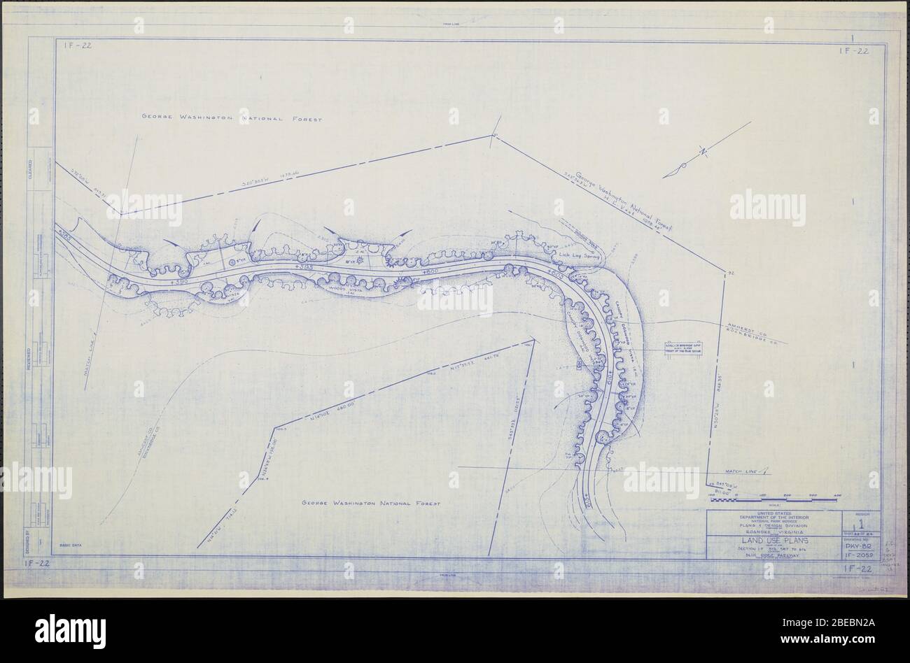 'Blue Ridge Parkway, Region 1 Blatt 22; EINE Karte des Blue Ridge Parkway mit Details über die nahe gelegenen Bäume, Sträucher und Sämlinge. Umfasst Loglick Springs Gap und den George Washington National Forest. Zeichnung Nr. 1F-22. Skala 1=100'.; ' Stockfoto