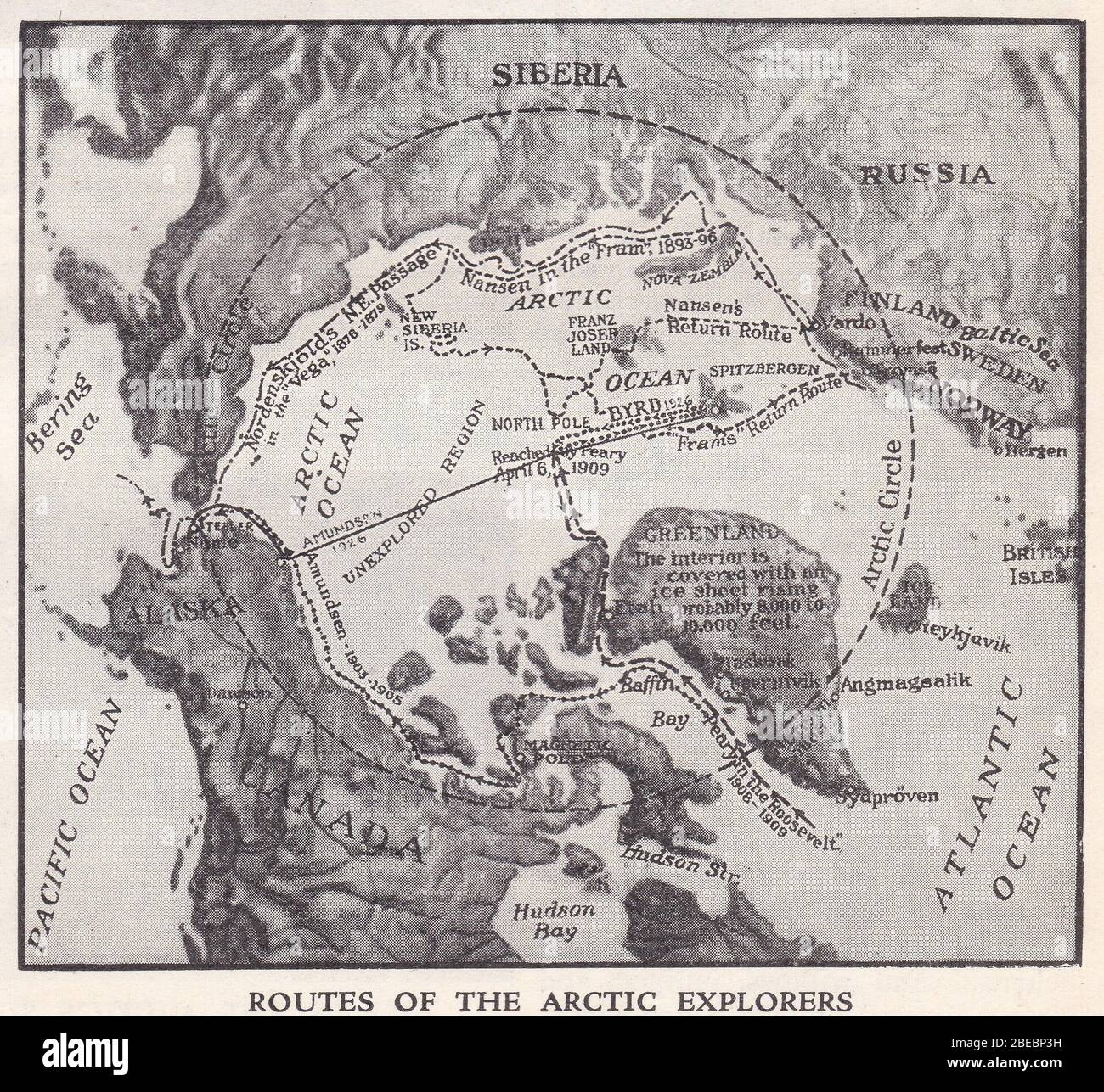 Alte Karte der Routen der Arktis-Entdecker aus den 1930er Jahren. Stockfoto
