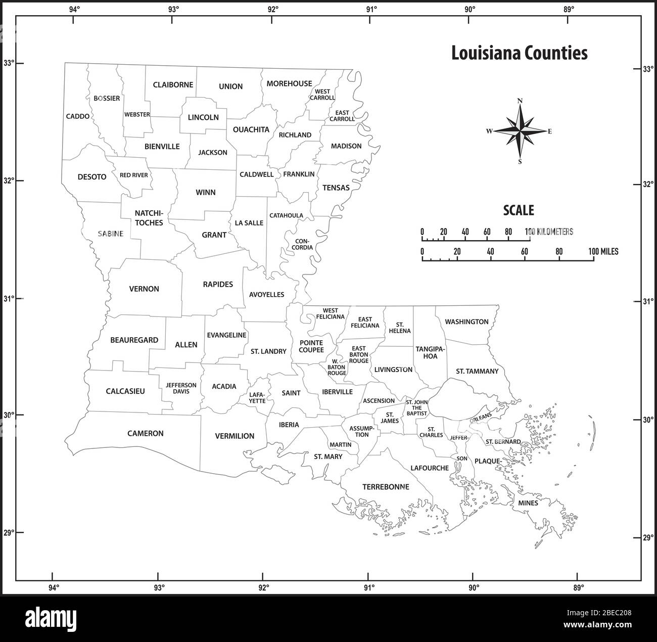 Übersichtskarte des Bundesstaates Louisiana in Schwarz und Weiß Stock Vektor