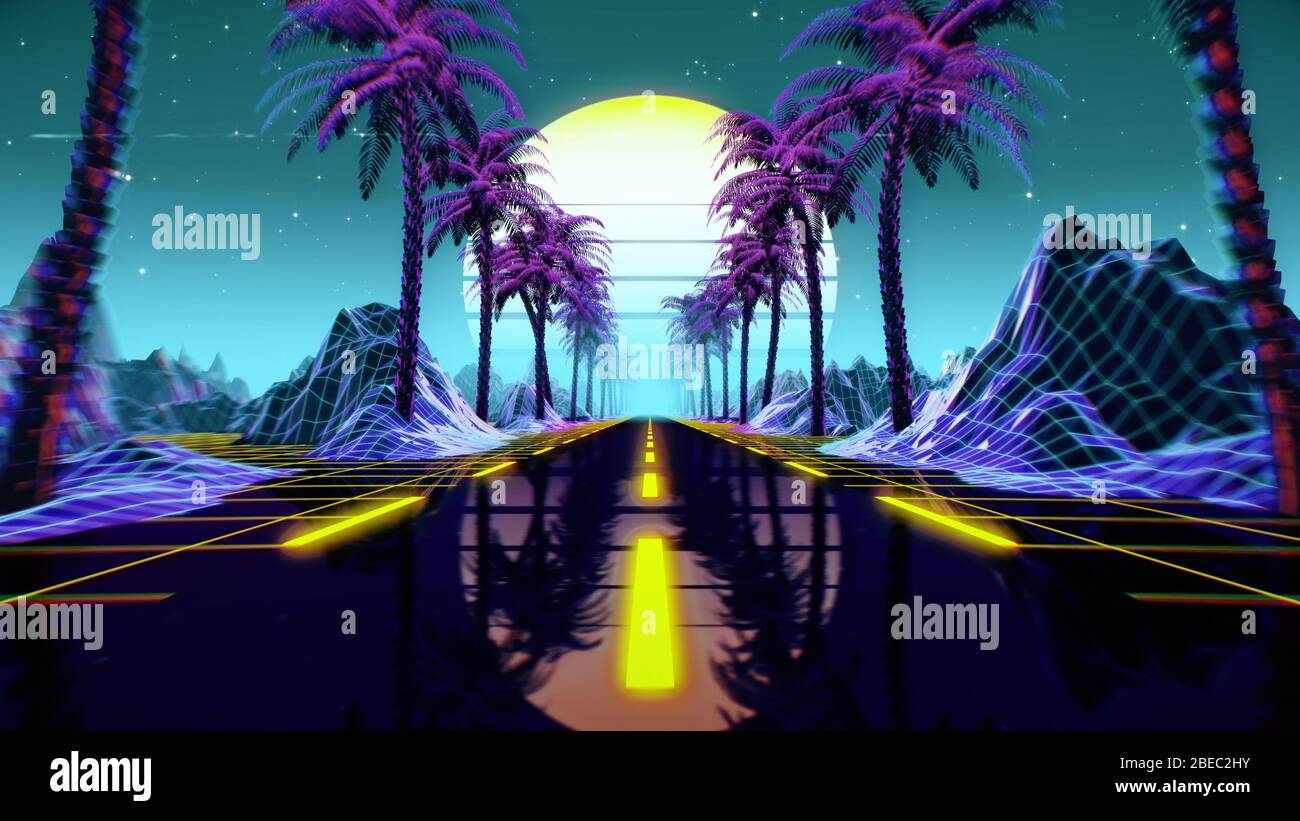 80er Jahre Retro futuristischer Sci-Fi-Hintergrund. VJ Videobame-Landschaft mit Neonlicht Stockfoto