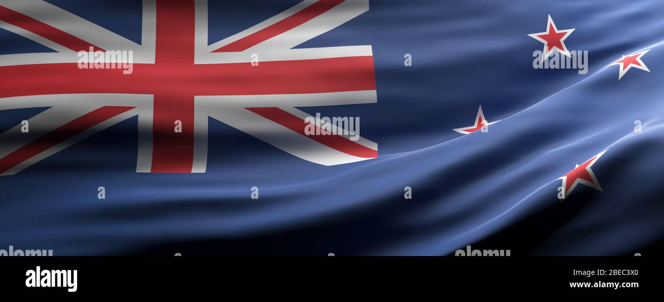 Neuseeland Zeichen Symbol, Nationalflagge winken Textur Hintergrund, Neuseeland Sprache, Kultur Konzept, Banner. 3d-Darstellung Stockfoto