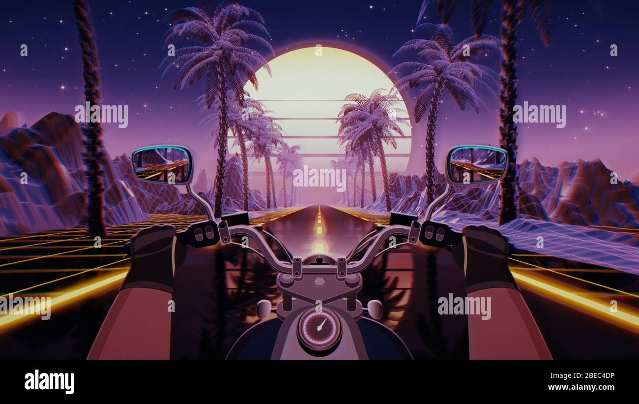 Futuristischer Sci-Fi-Biker-Hintergrund der 80er Jahre. VJ-Landschaft mit Motorradpov Stockfoto