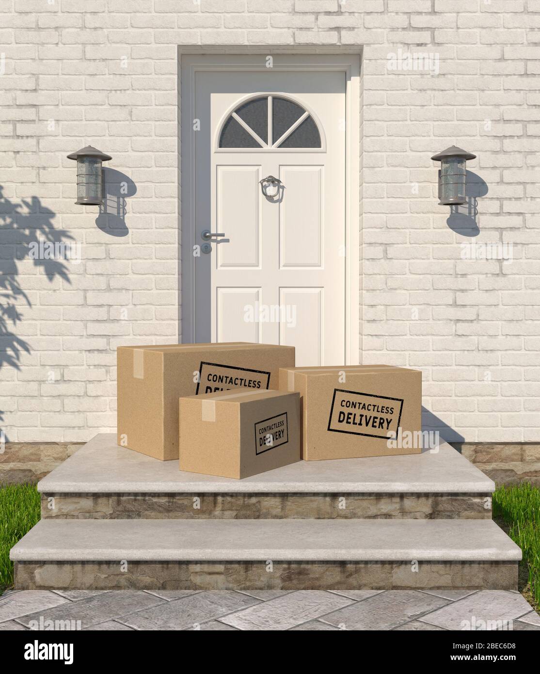 Kontaktloses Lieferkonzept, berührungsloser Versand, Kartonagen auf der Veranda, sichere Bestellung aus dem Online-Shop. 3D-Rendering - Abbildung. Stockfoto