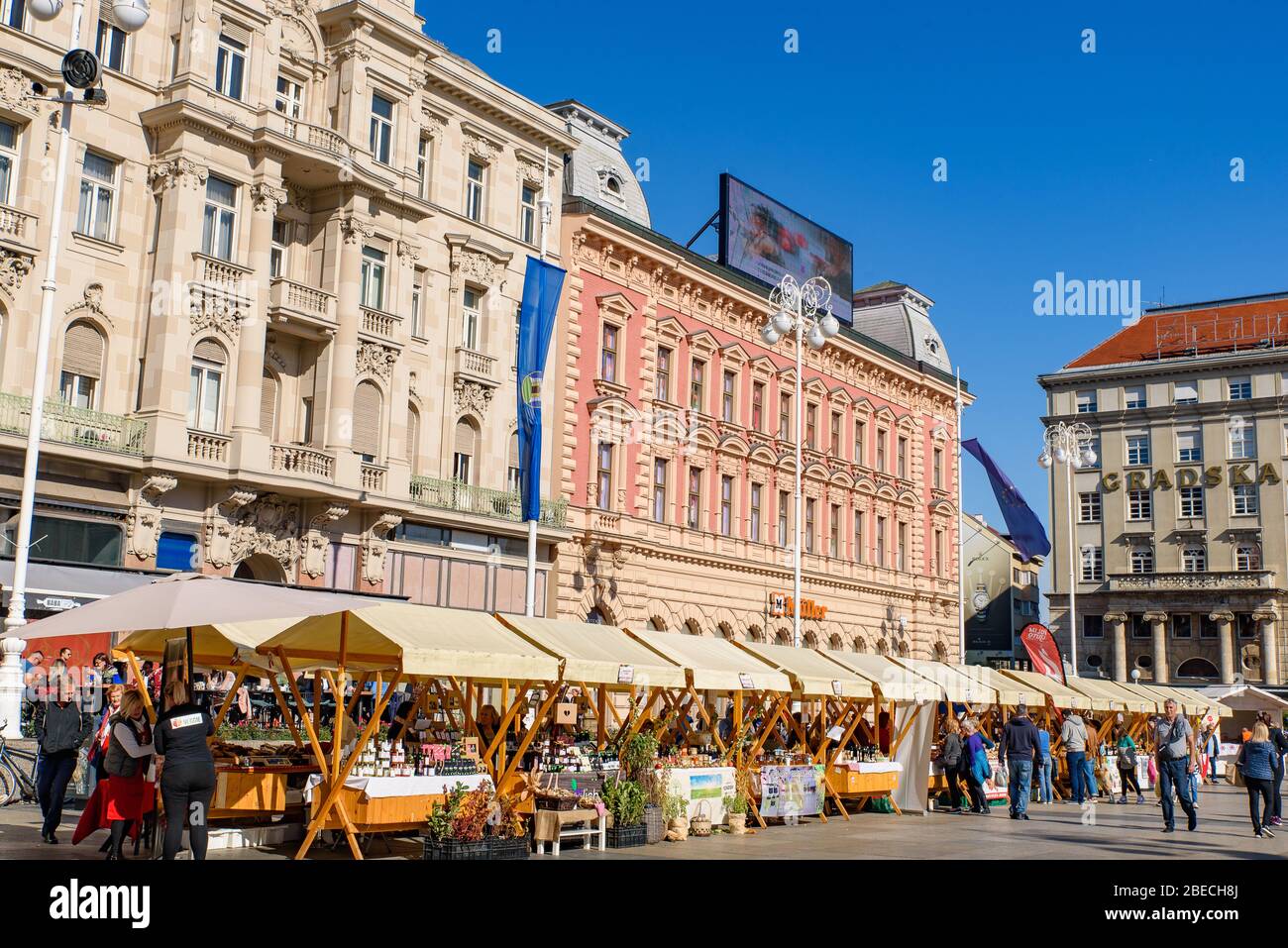 Der Markt auf dem Ban Jelačić Platz, dem zentralen Platz der Stadt Zagreb, Kroatien Stockfoto