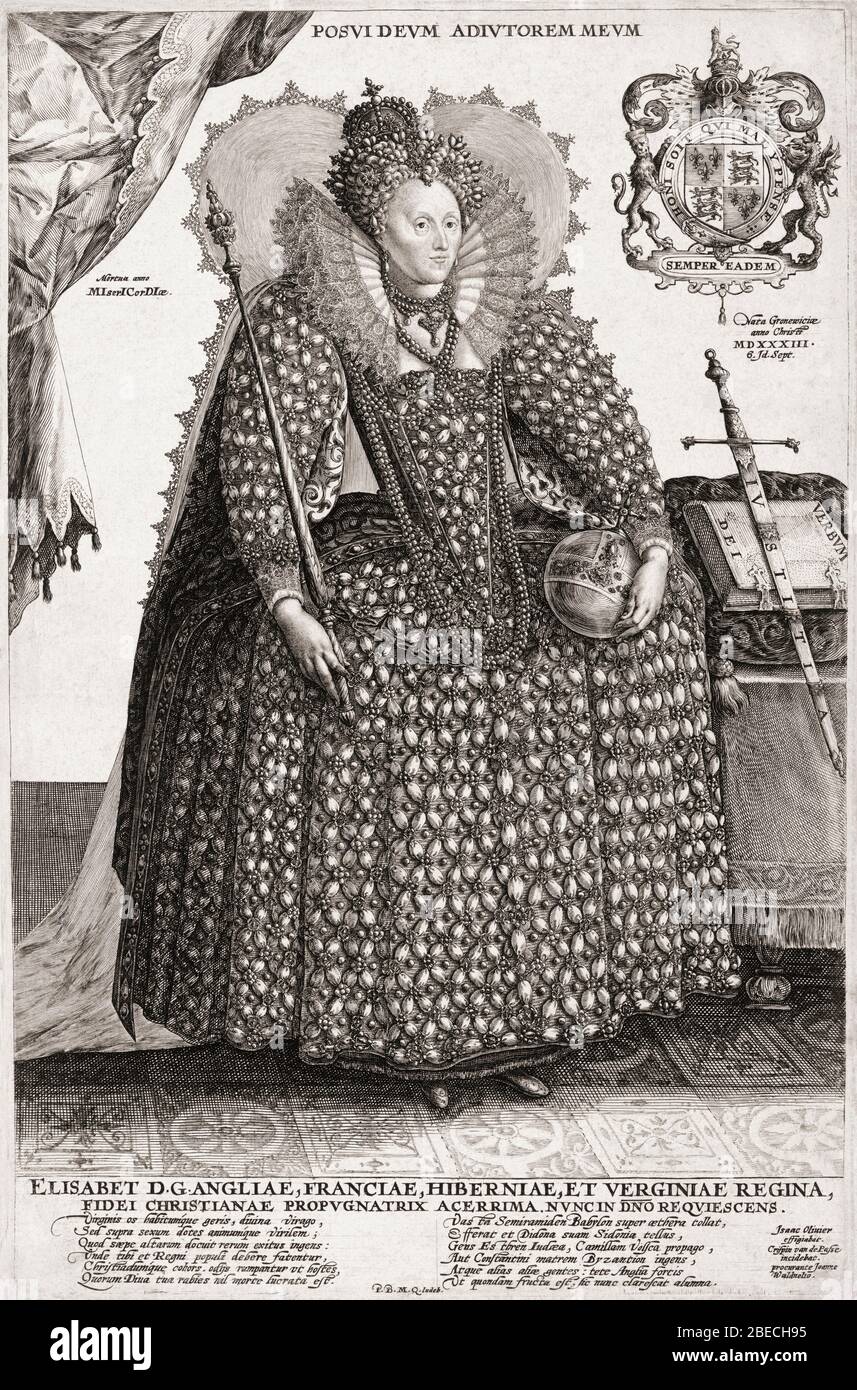 Elizabeth I., 1533 - 1603. Königin von England. Aus einem Stich aus dem 17. Jahrhundert von Crispijn van de Passe dem Älteren nach einem Werk von Isaac Oliver. Stockfoto