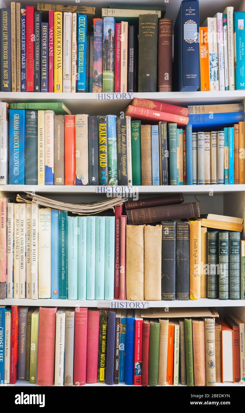 Regale mit Geschichtsbüchern in englischer Sprache. Stockfoto